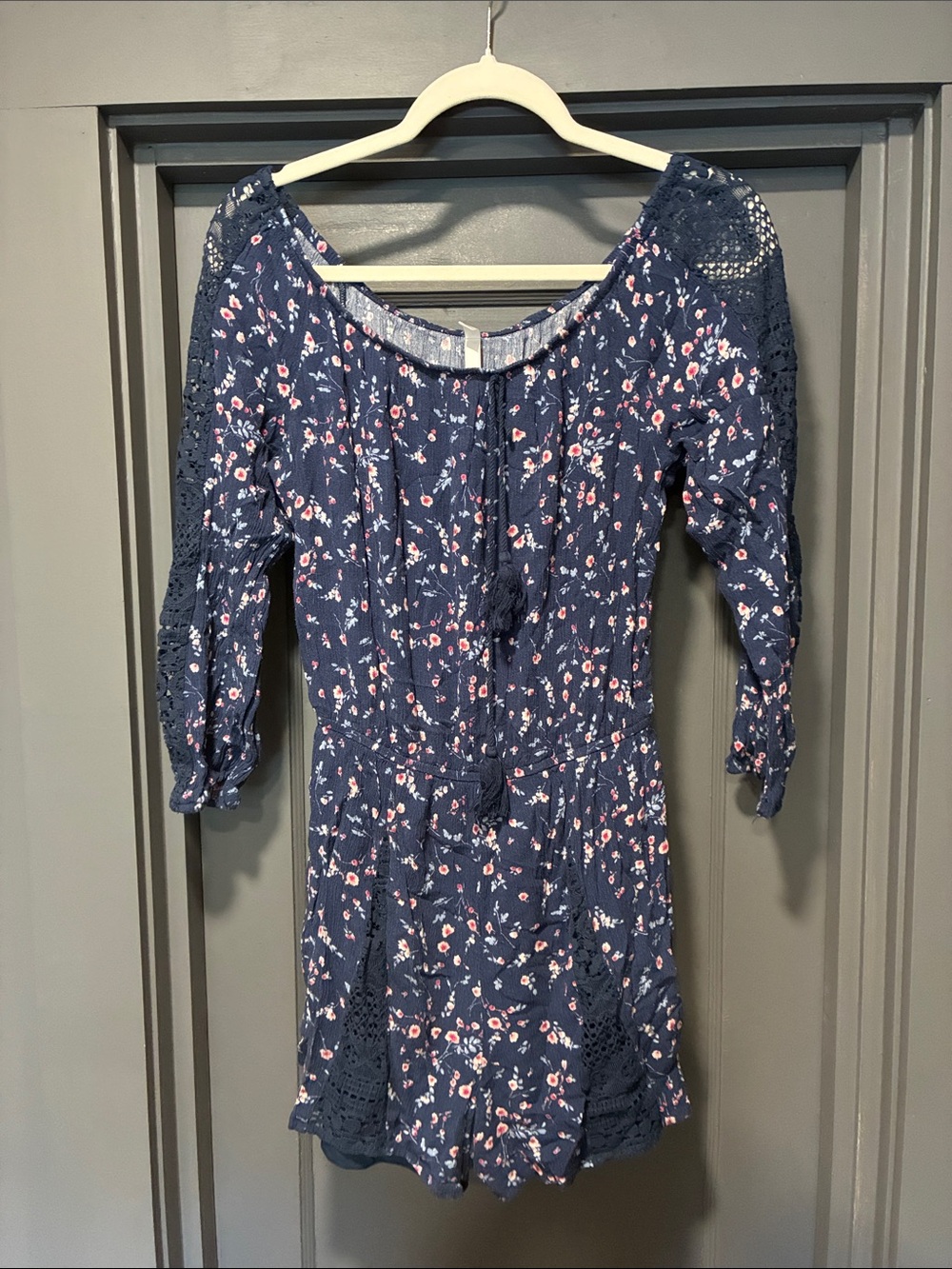 Xhilaration Navy Floral Crochet-Trim Romper